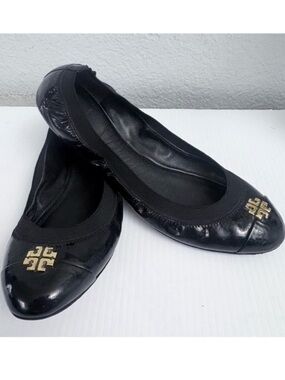 Tory Burch Jolie Elastic Black Patent Leather Logo Ballet Flats Size 10.5